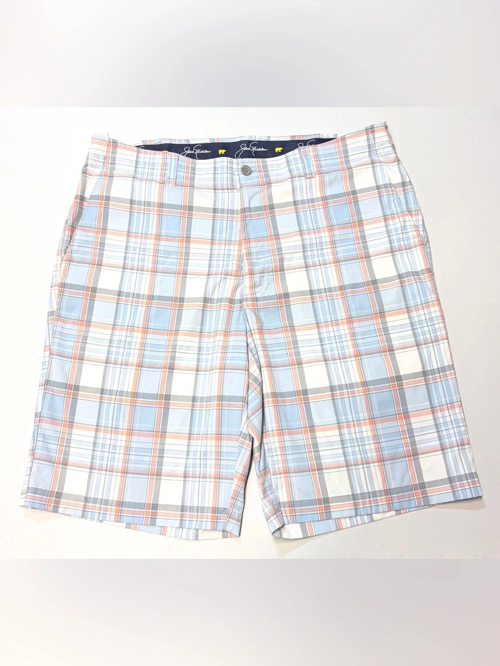 Jack Nicklaus Mens Blue Coral Plaid Flat Front Golf Shorts 36